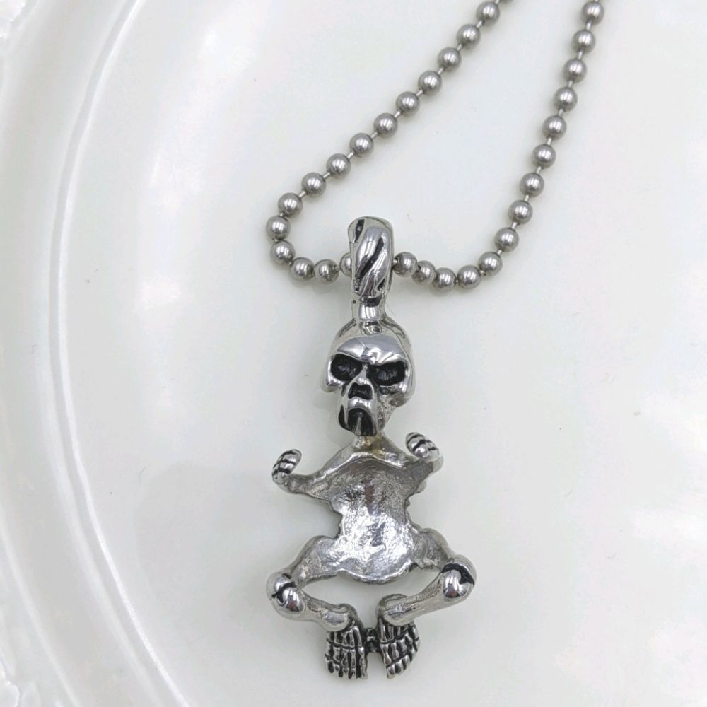 Angry Skeleton Motorcycle Rider Silver Necklace